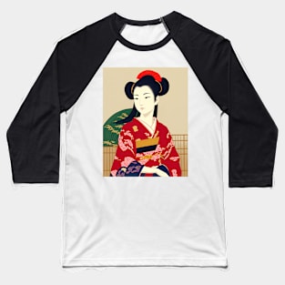 Ukiyo-e Japanese Art - Beautiful Woman Wearing a Red Kimono Baseball T-Shirt